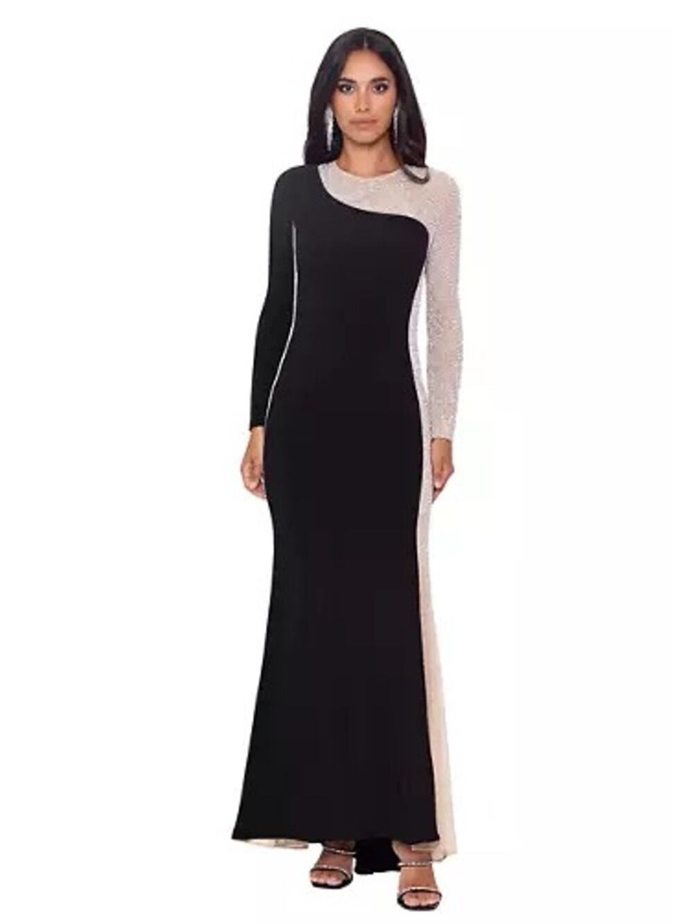 NWT Xscape Long Sleeve Color Block Black Rhinestone Embellished Gown Size 14